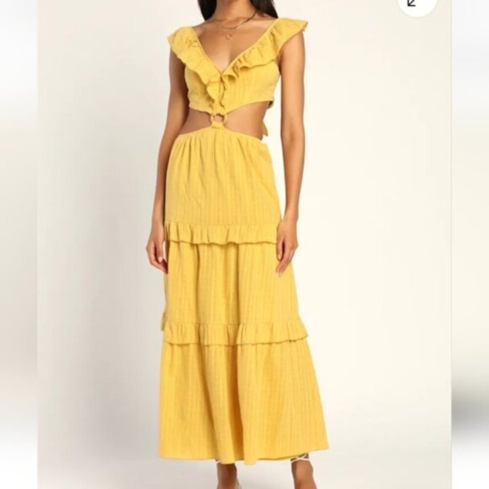 Lulu´s Yellow Ruffled Cutout Tiered Dress Sz Small Boho Vacation